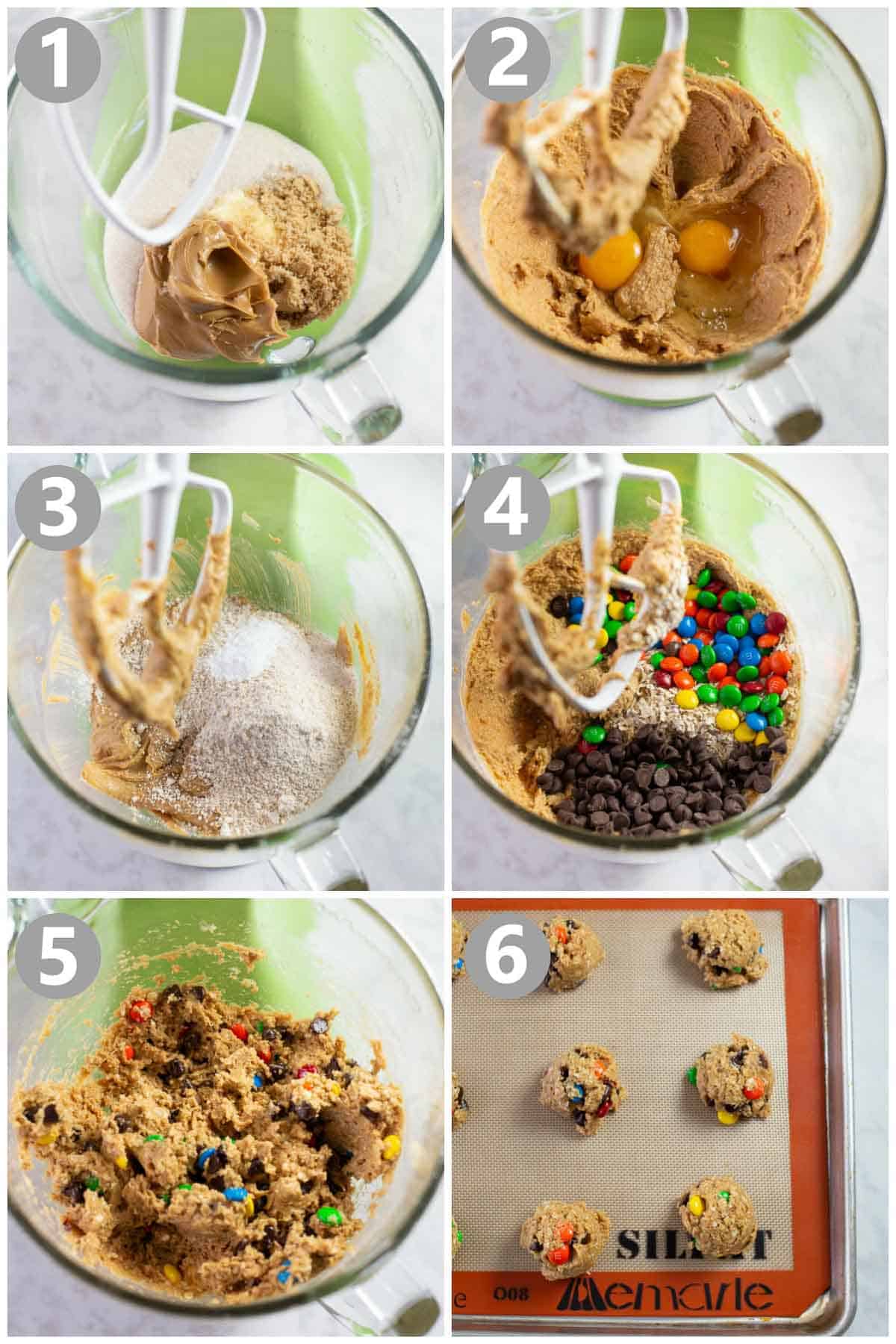 step by step instructions showing how to make a monster cookie recipe