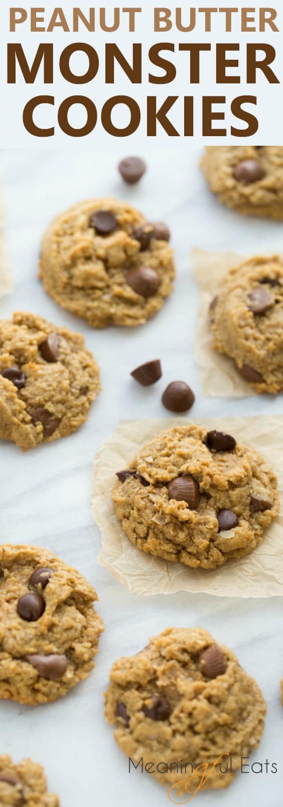 Peanut Butter Monster Cookies! Easy gluten-free cookies! from meaningfuleats.com #glutenfreecookies #easyglutenfreerecipes #glutenfreedesserts #glutenfreebakedgoods #glutenfreetreats #flourlesscookies #glutenfree #monstercookies #easycookies #peanutbuttercookies