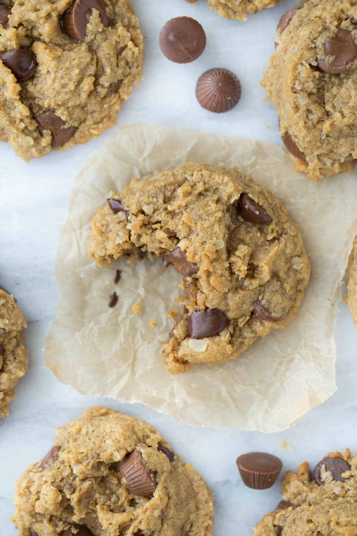 close up of a homemade cookie with a bite taken out of it