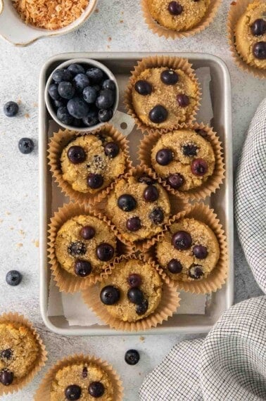 Coconut flour blueberry muffins in a baking dish