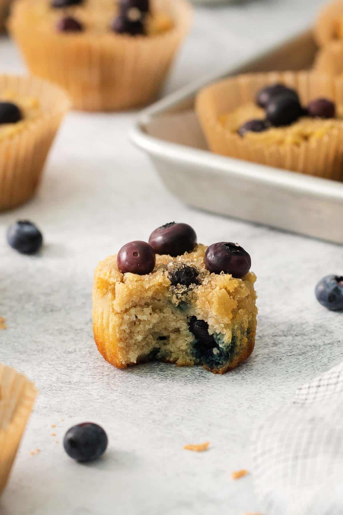 A close-up photo of a blueberry muffin with a bite taken out of it