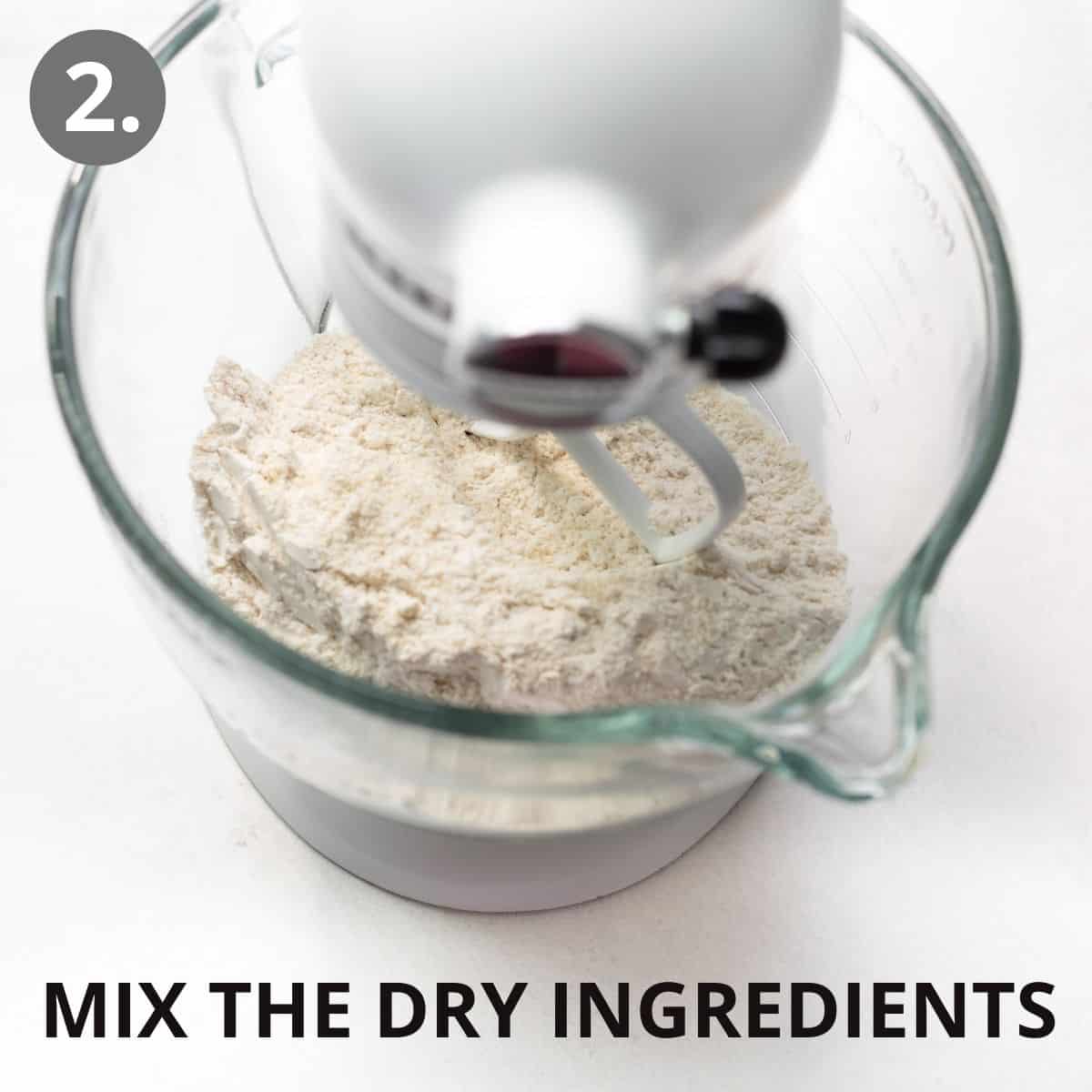 Dry ingredients in the bowl of a standing mixer