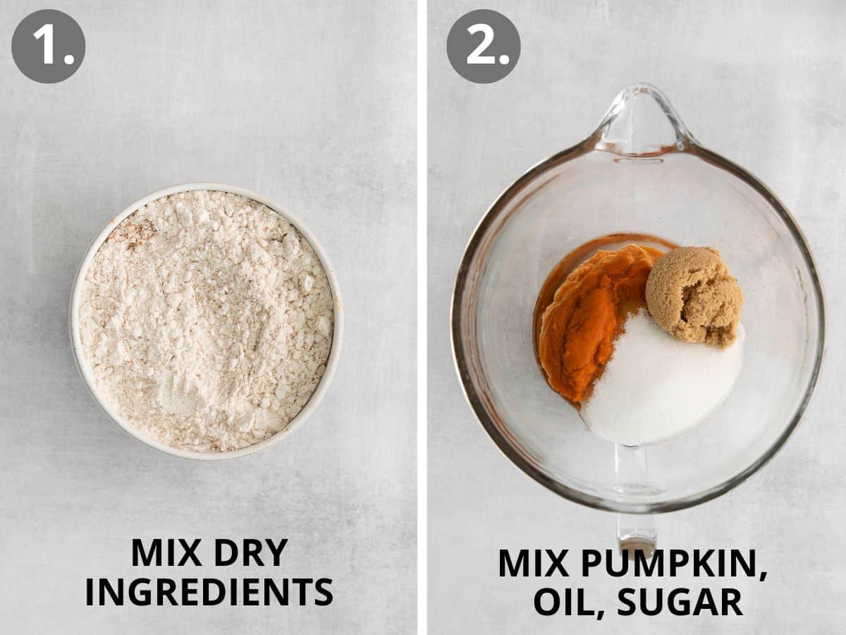 Dry ingredients in a bowl, and pumpkin, oil, and sugar dropped into a glass bowl