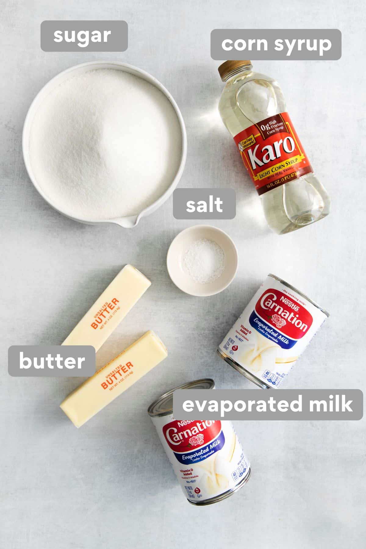Ingredients for caramels on a countertop