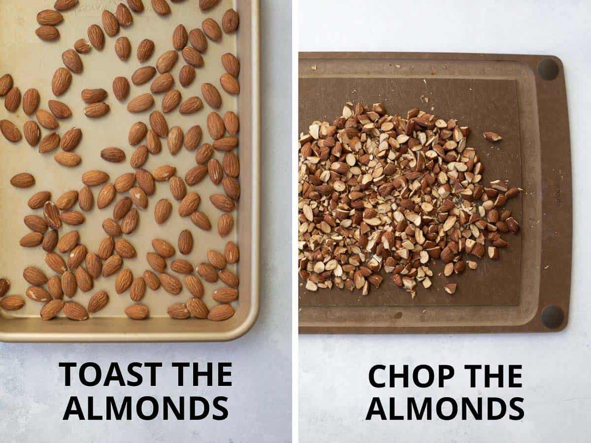 toasting the almonds and chopping them on a wooden cutting board