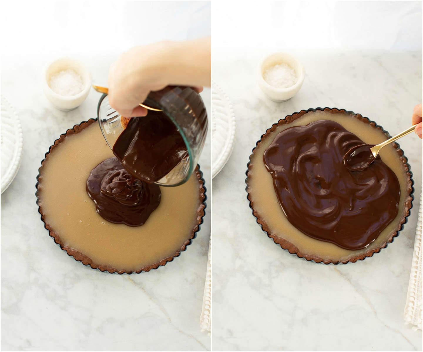 spreading chocolate over caramel layer