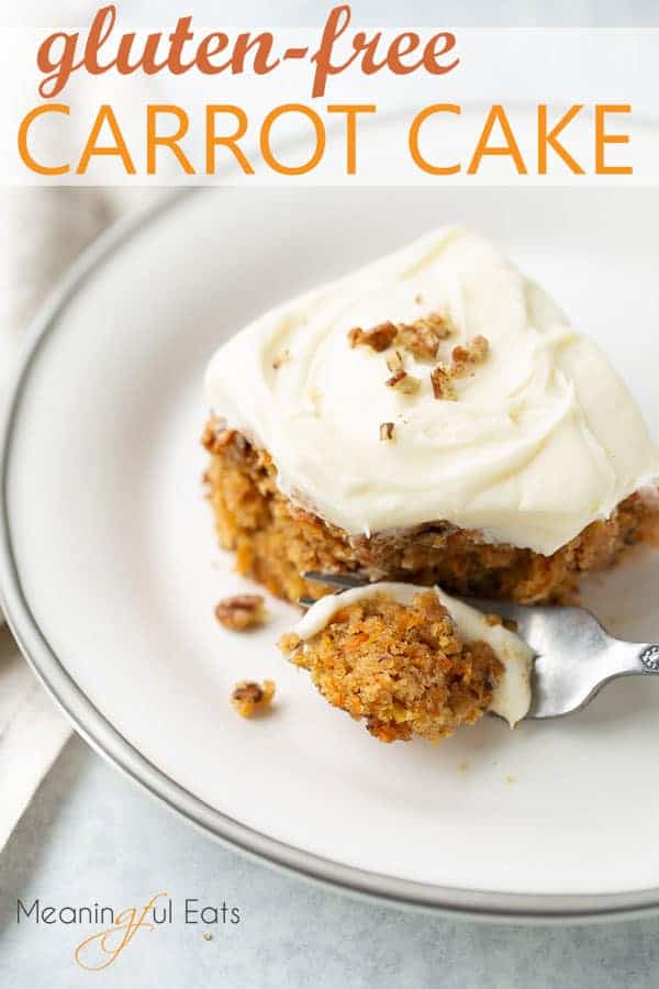gluten-free carrot cake on a plate with a fork 