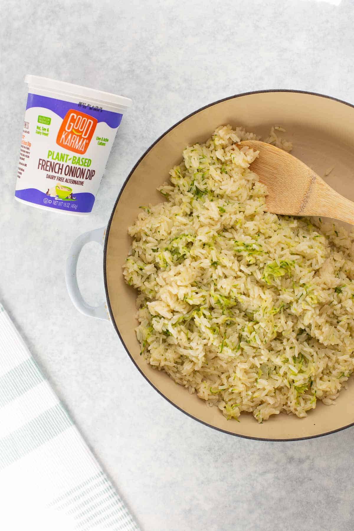 dairy-free zucchini rice with Good Karma Foods french onion dip