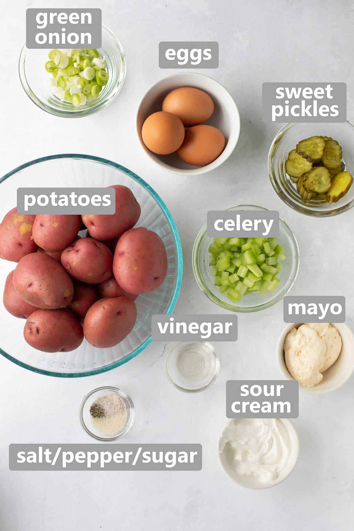 overhead shot of ingredients for potato salad