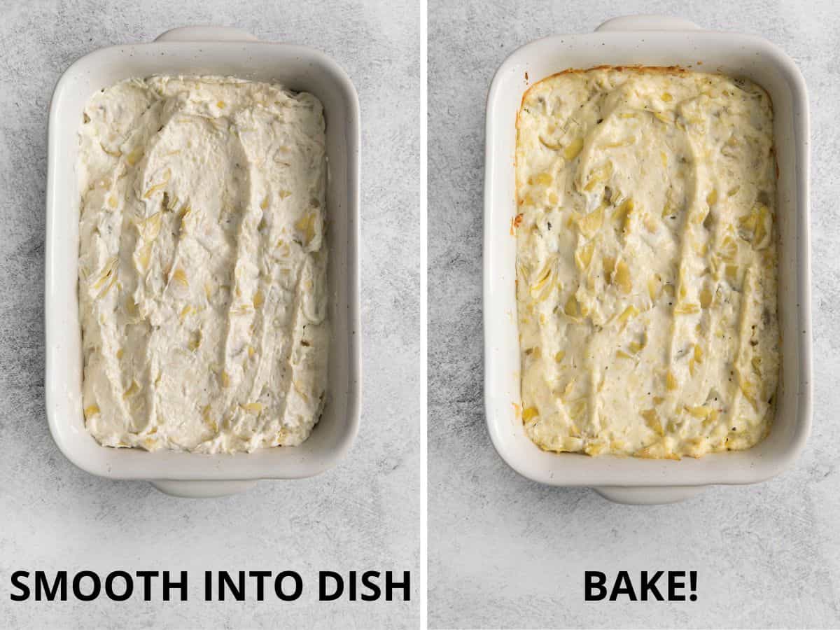artichoke dip smoothed into baking dish then baked