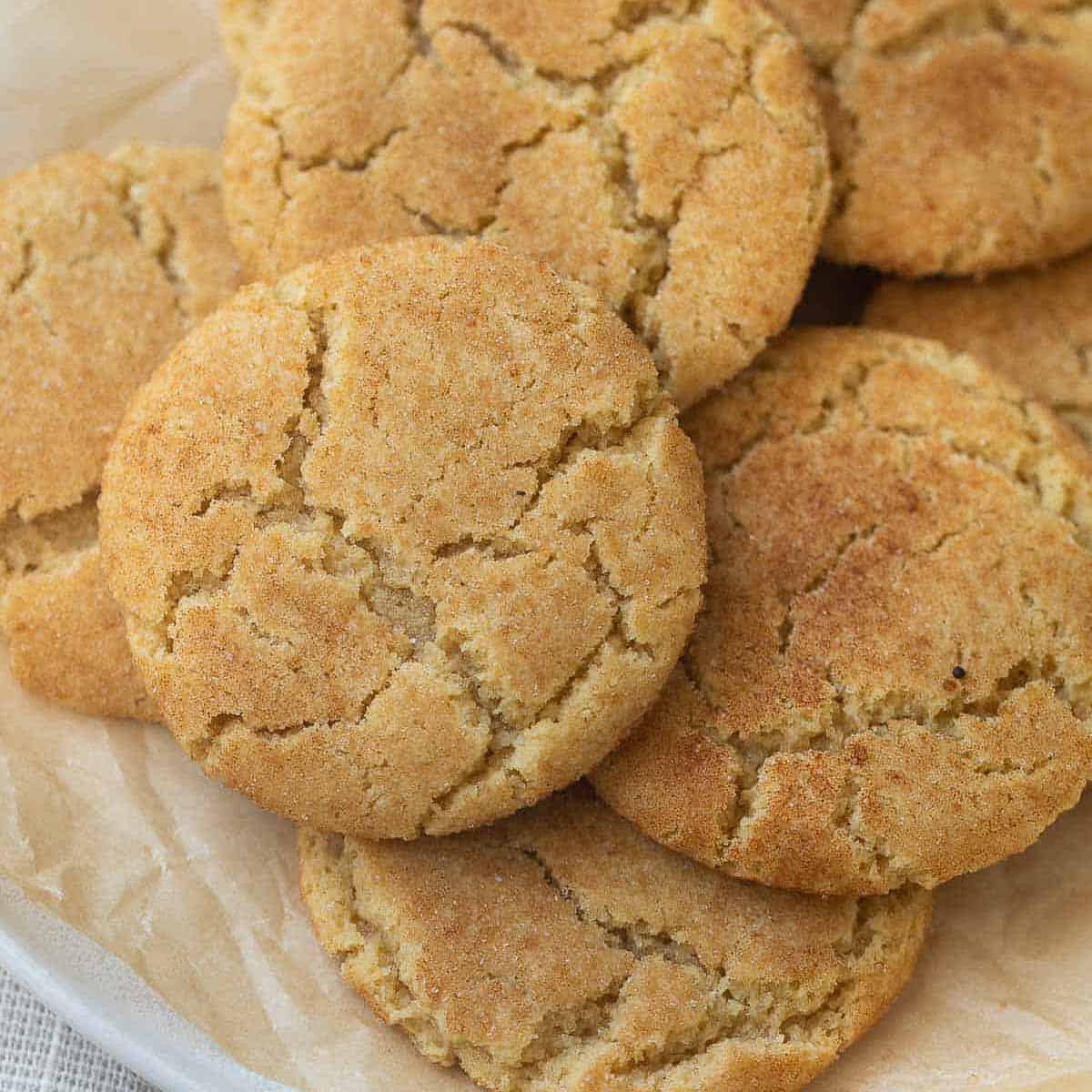 close up image of gluten free snickerdoodles on plate