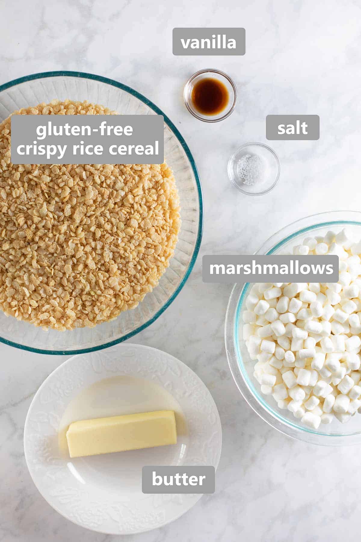 overhead shot of ingredients to make gluten-free recipe for crispy rice cereal treats