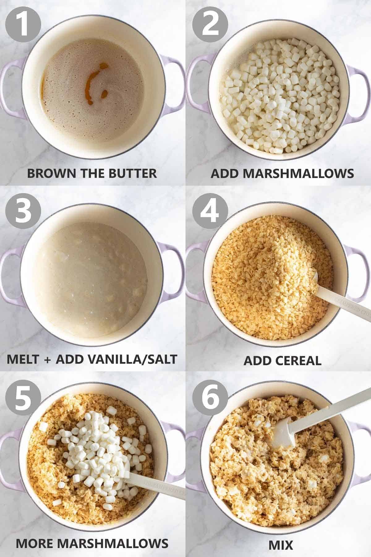 photo shows 6 steps involved in making gluten free rice krispy treats