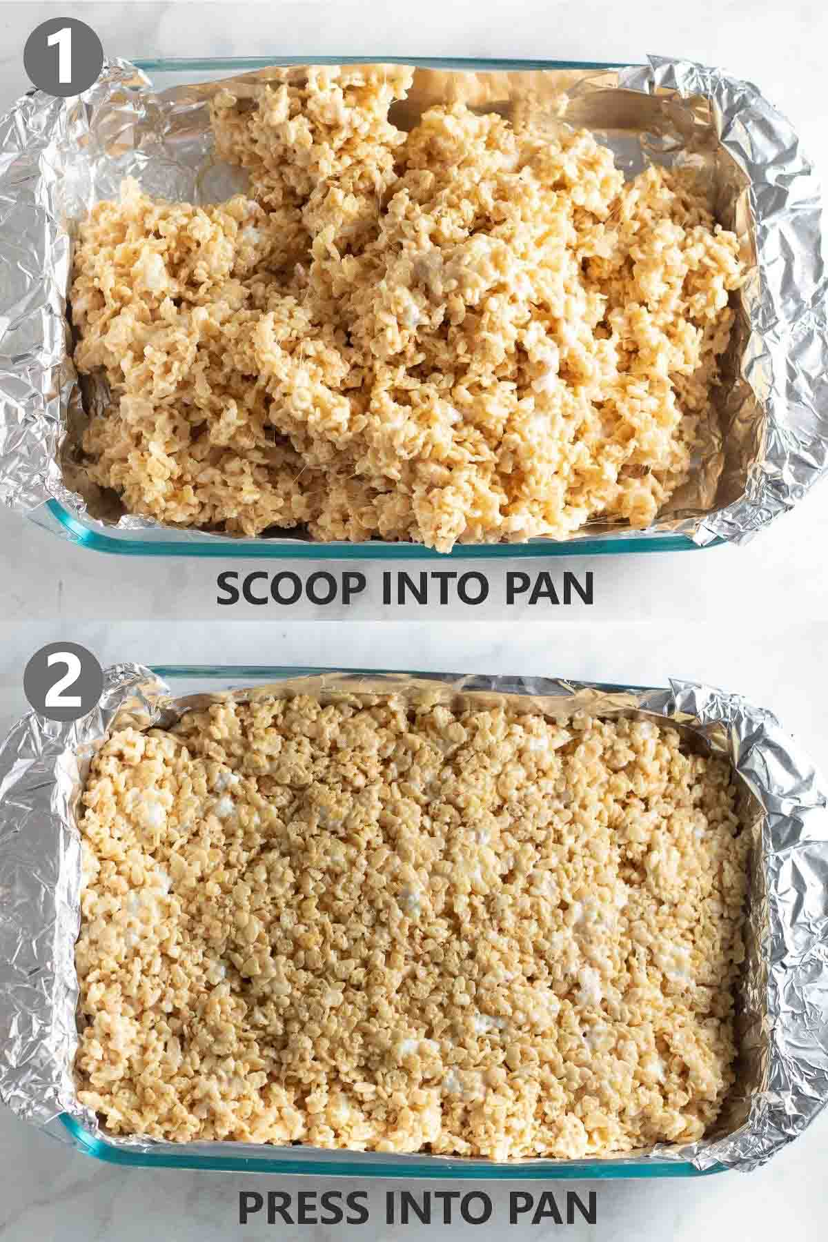 2 steps involved in making crispy rice cereal treats - scooping mixture into a foil lined pan and pressing it into the pan