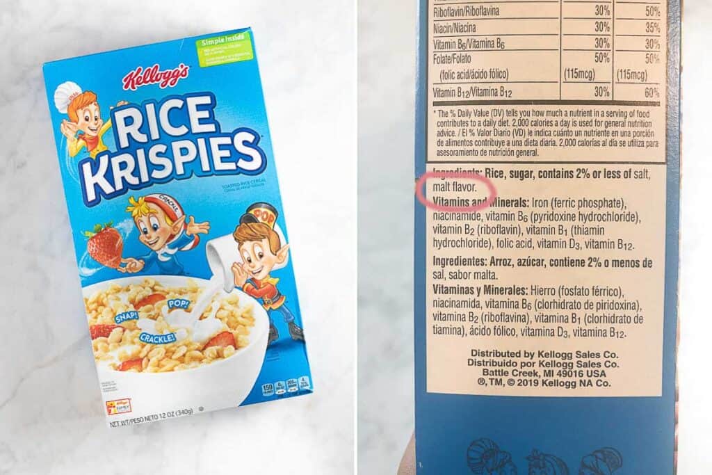 box of rice krispies with ingredient label and malt flavor circled