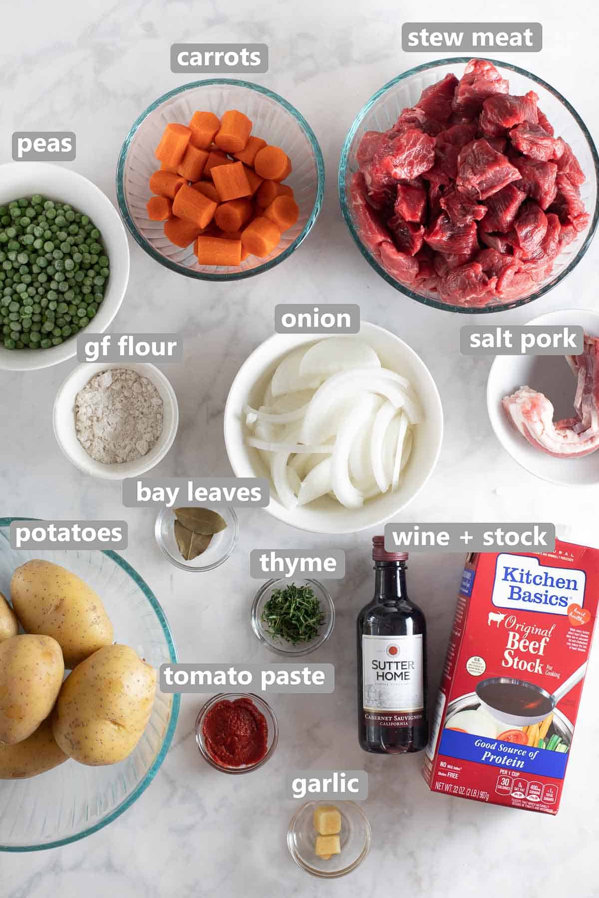 overhead shot of ingredients used to make beef stew