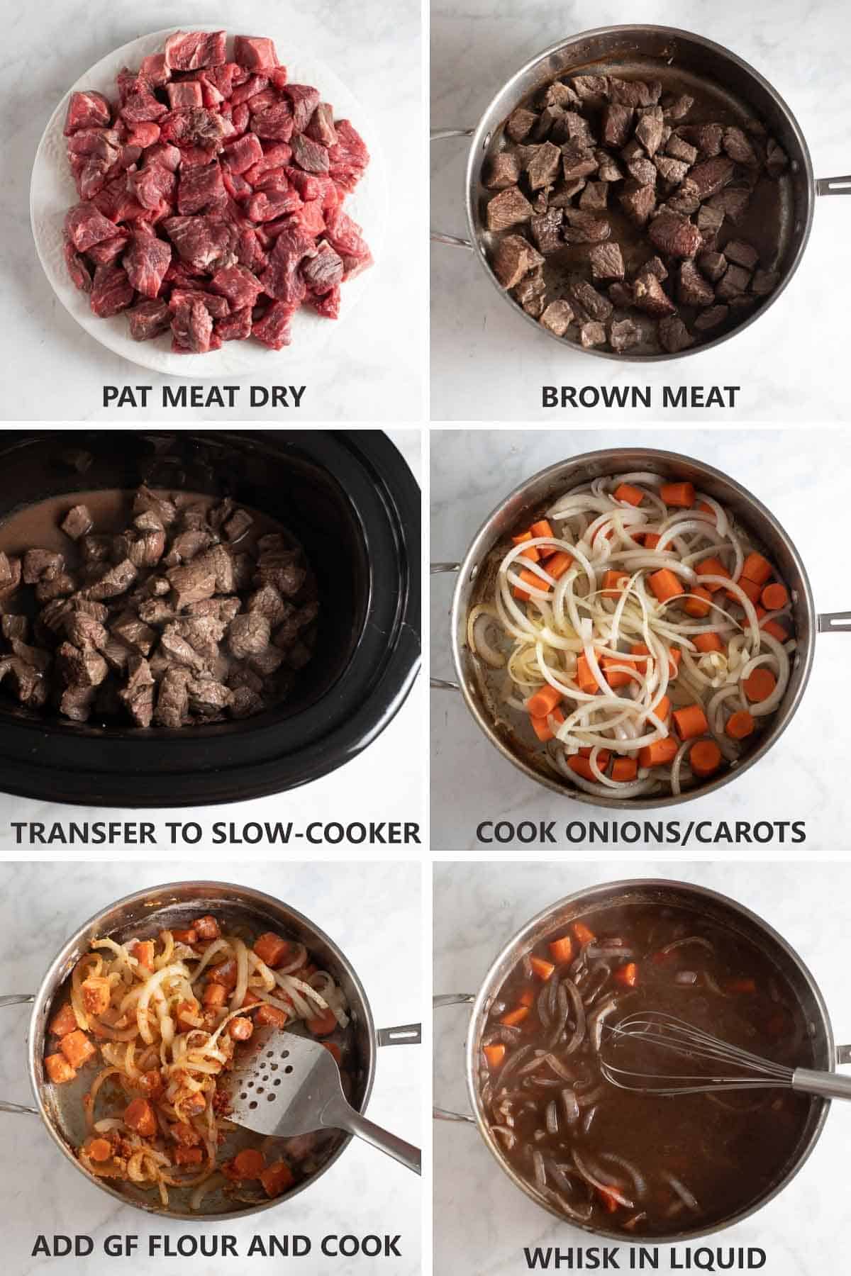 steps of how to make beef stew showing how to prepare it for the slow-cooker