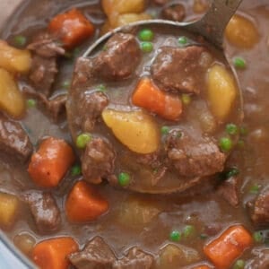 close up shot of beef stew being scooped with silver ladle