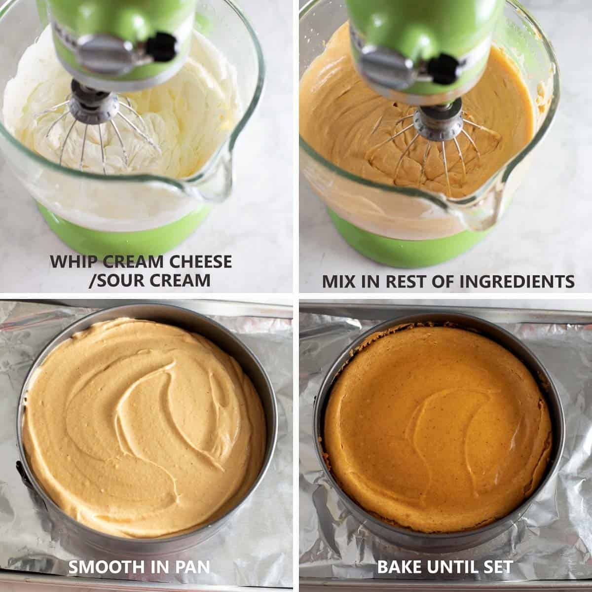 4 images of how to whip together filling for gluten-free pumpkin cheesecake