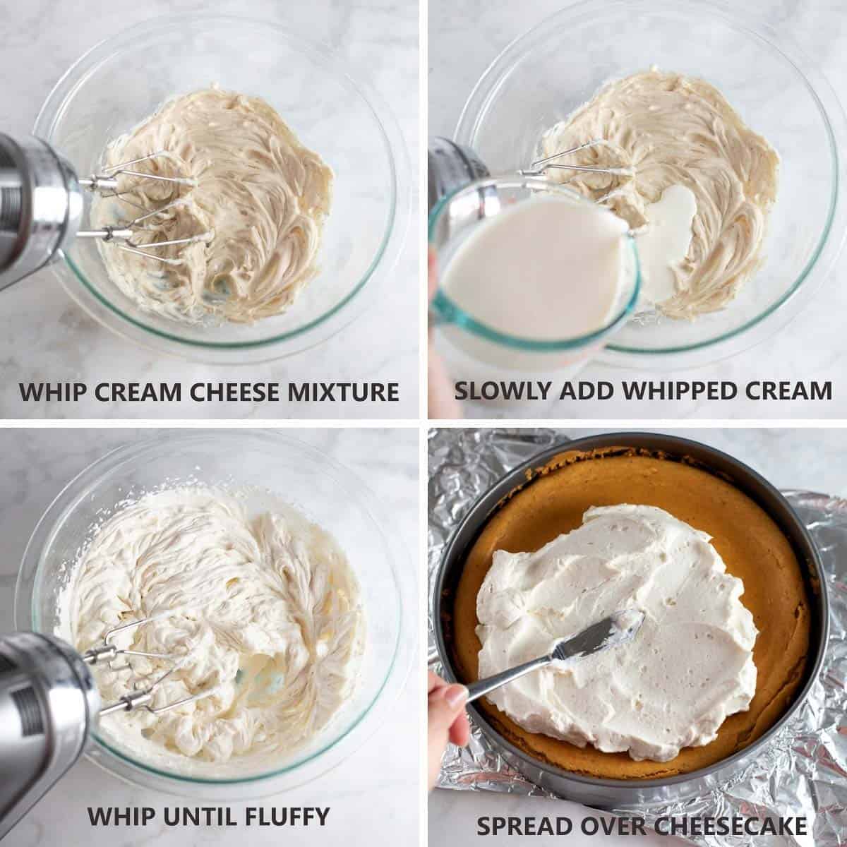 4 images of how to mix together cheesecake topping