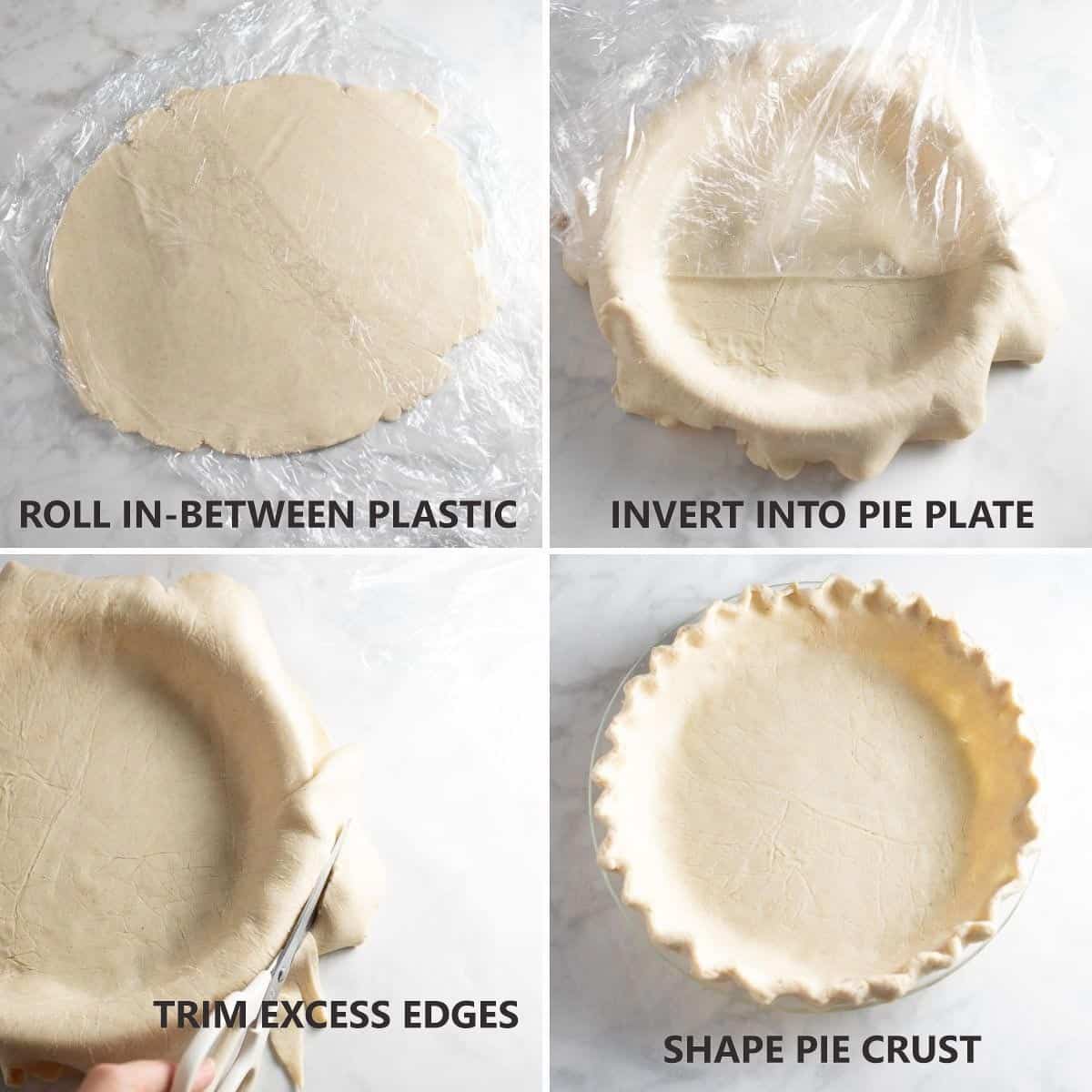 collage of steps of how to roll out and shape pie crust