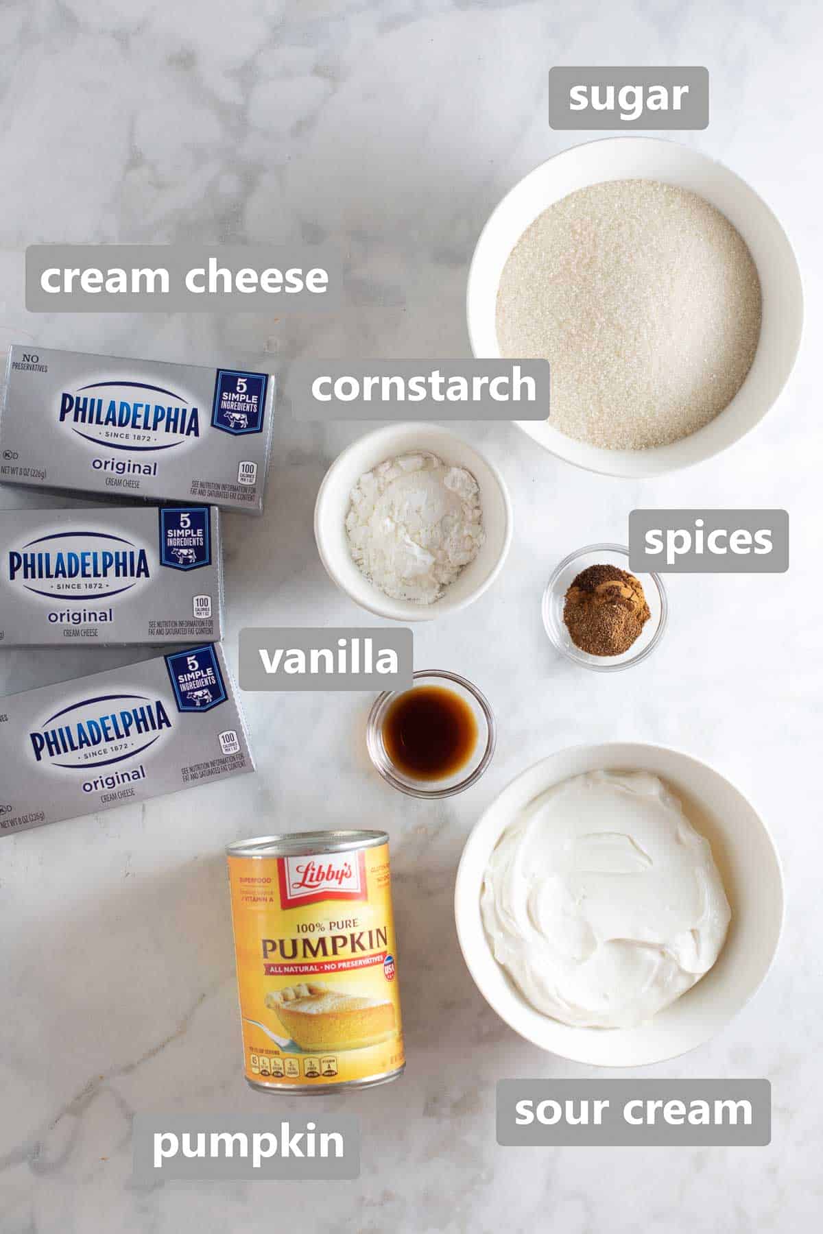overhead shot of ingredients for cheesecake filling