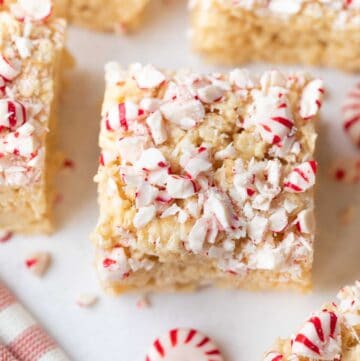 close up shot of crispy treats on marble background with peppermint candy