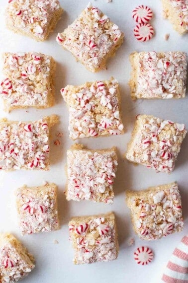 overhead shot of crispy treats on white background with peppermint candy