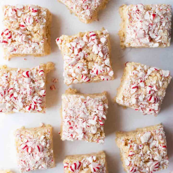 overhead shot of crispy treats on white background with peppermint candy