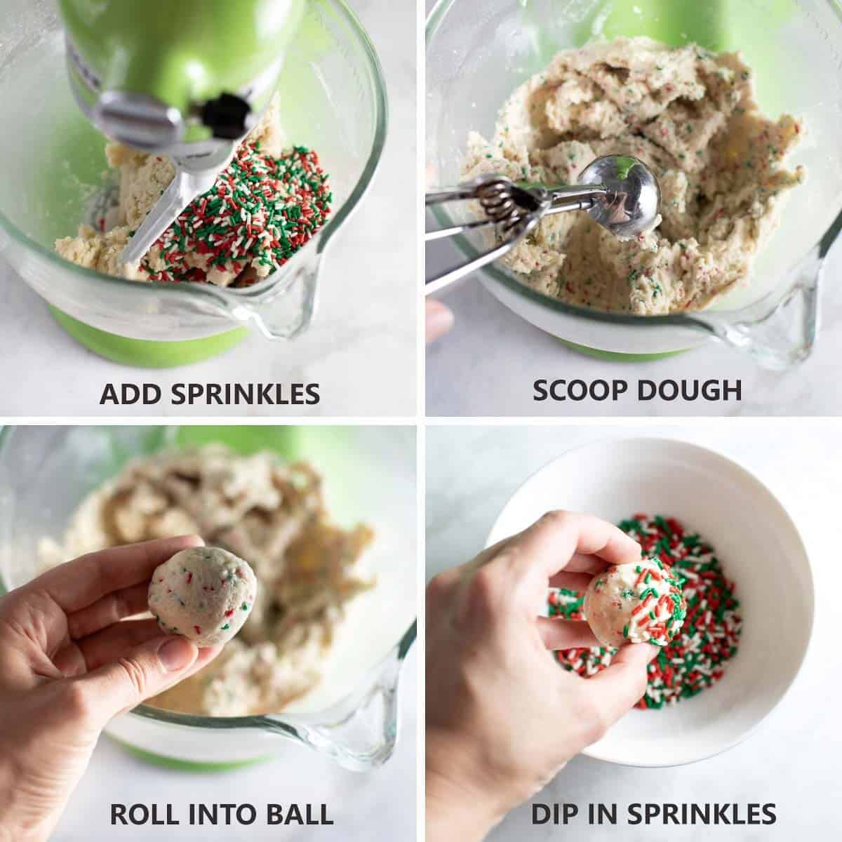 step by step photos of how to roll and dip cookie dough in sprinkles