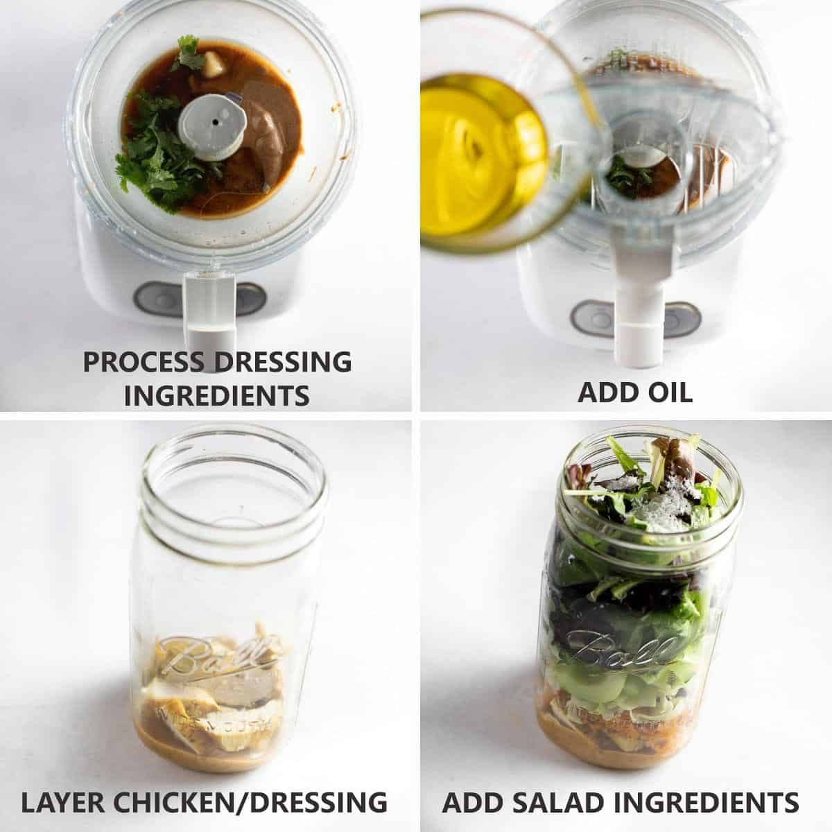 how to make the dressing and layer the salad in the jar