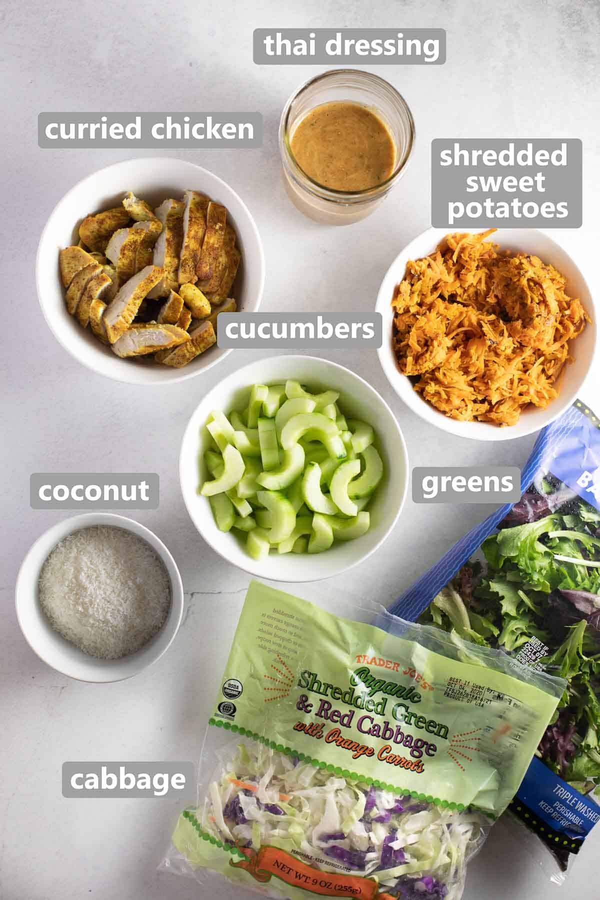 overhead shot of ingredients used to make salad in a jar