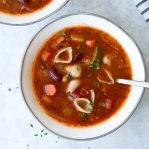 close up shot of gluten free minestrone soup