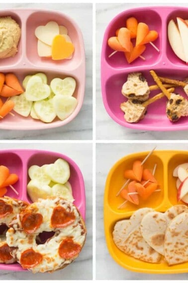 4 plates with heart shaped kids snacks