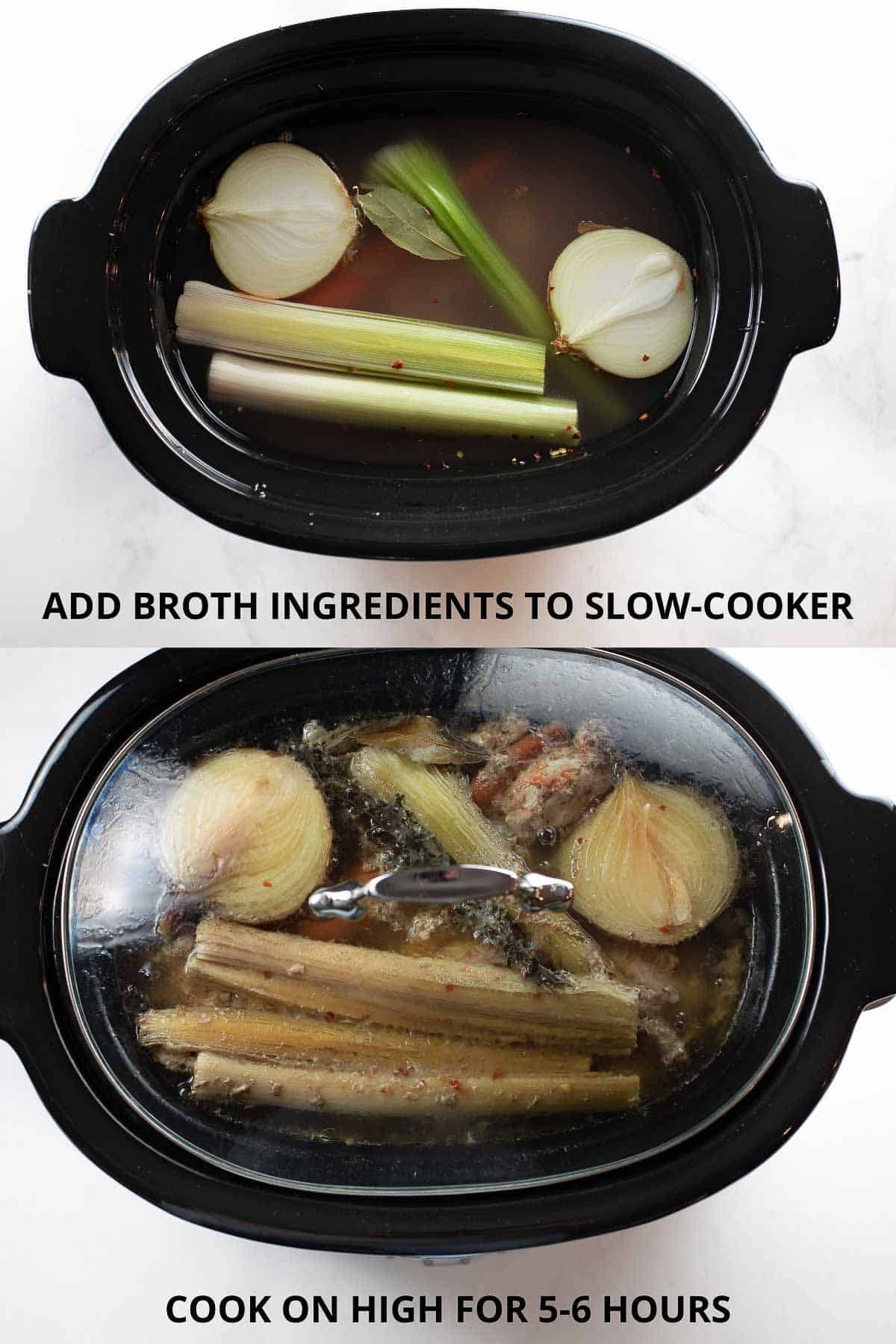 slow cooker filled with vegetables and broth being cooked on high to make chicken broth