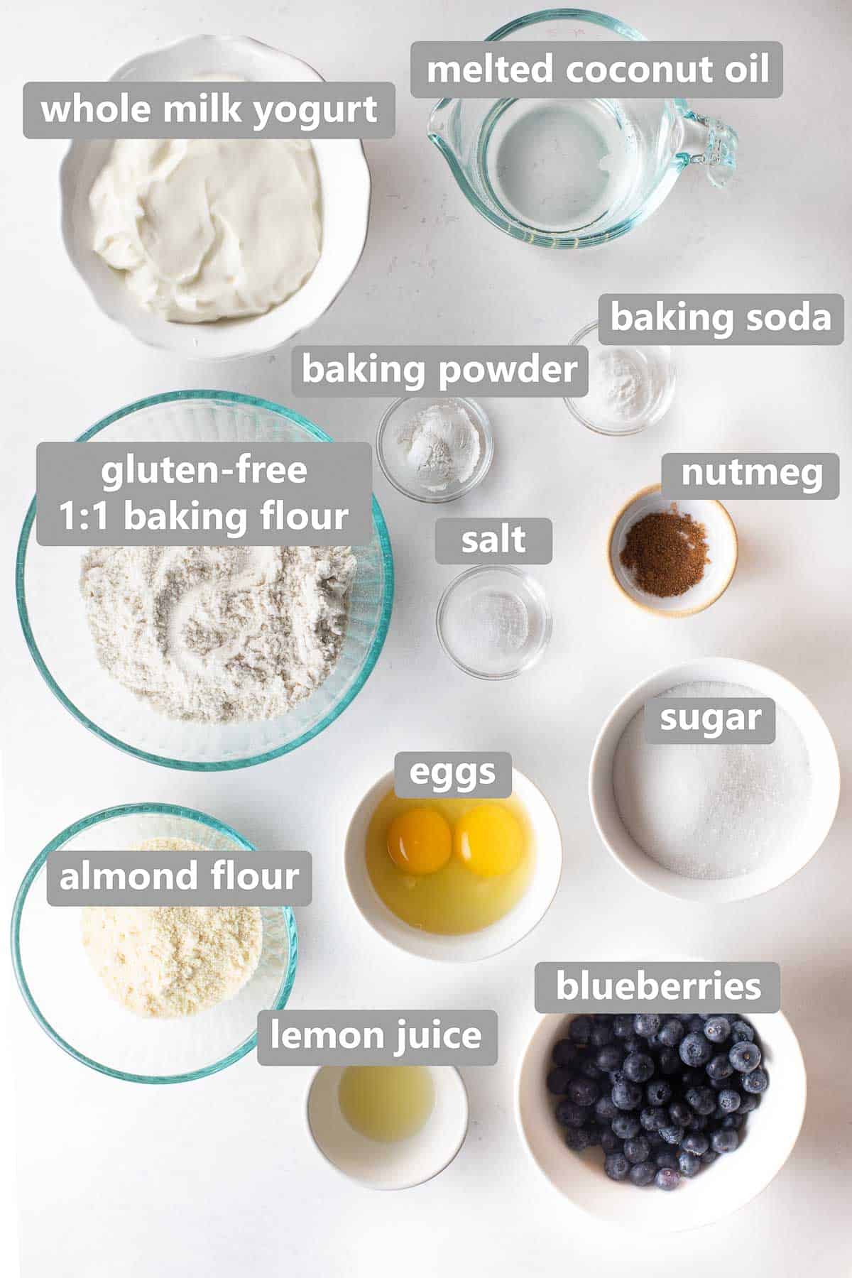 overhead shot of ingredients to make gluten free blueberry muffins
