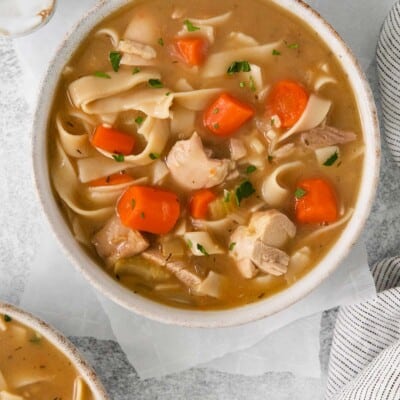 Gluten-free chicken noodle soup in a bowl