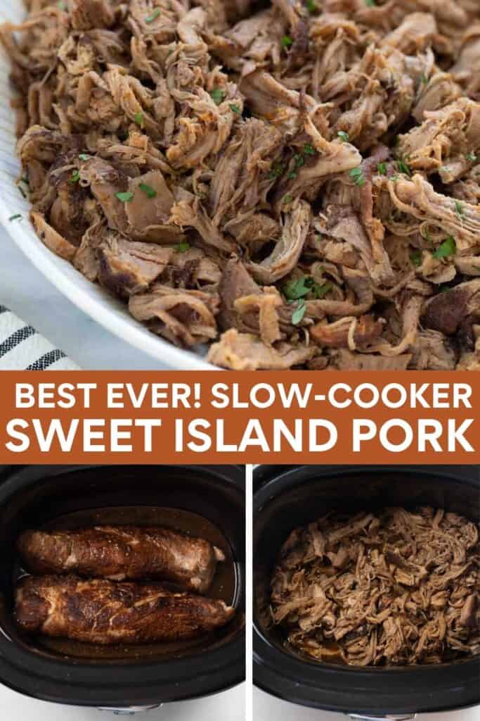 collage image of steps for how to make slow cooker sweet pork
