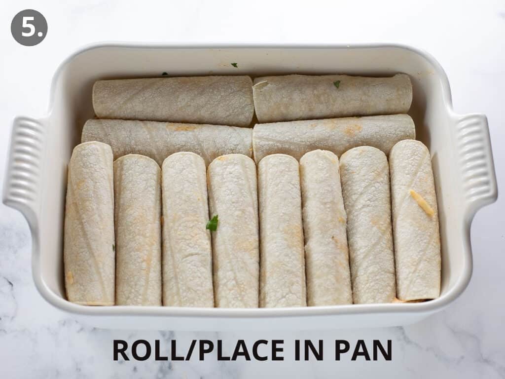 enchiladas rolled up in white pan
