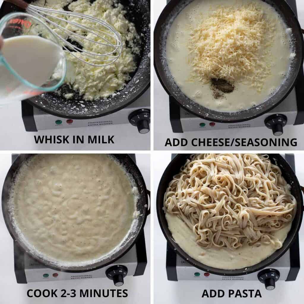 step by step photos of how to add pasta to alfredo sauce