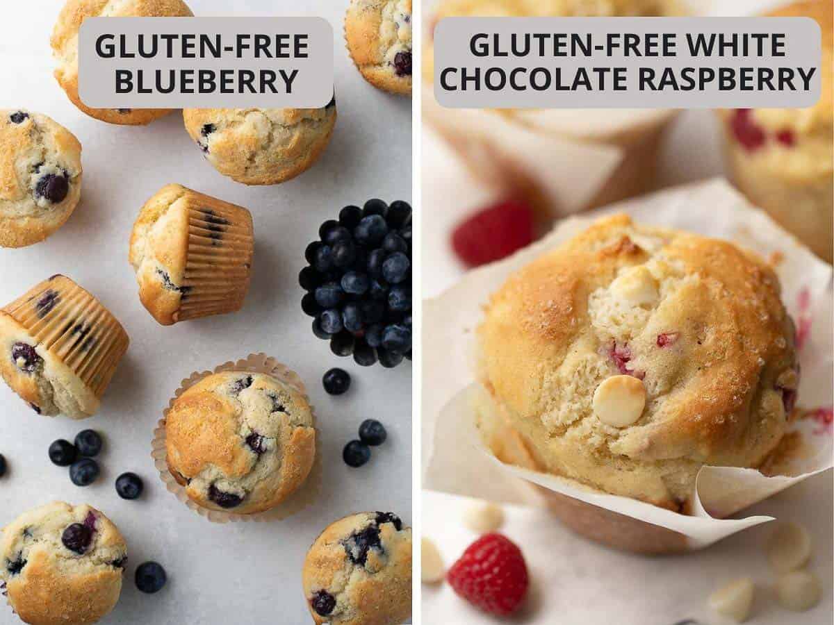 side by side picture of blueberry and white chocolate raspberry muffin