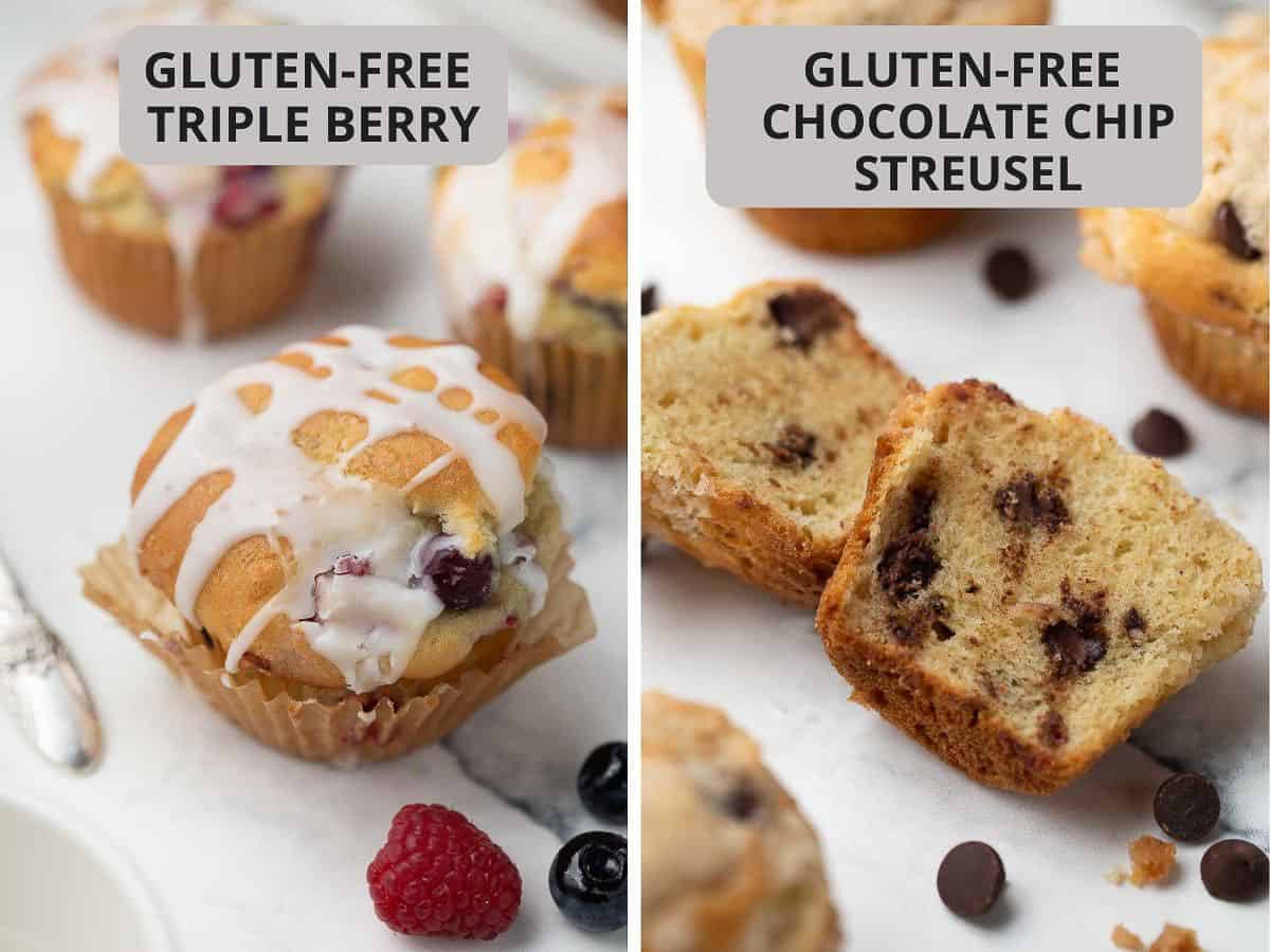 side by side picture of gluten free triple berry and gluten free chocolate chip muffins
