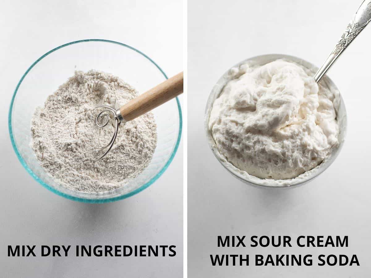 dry ingredients mixed together and sour cream mixed with baking soda