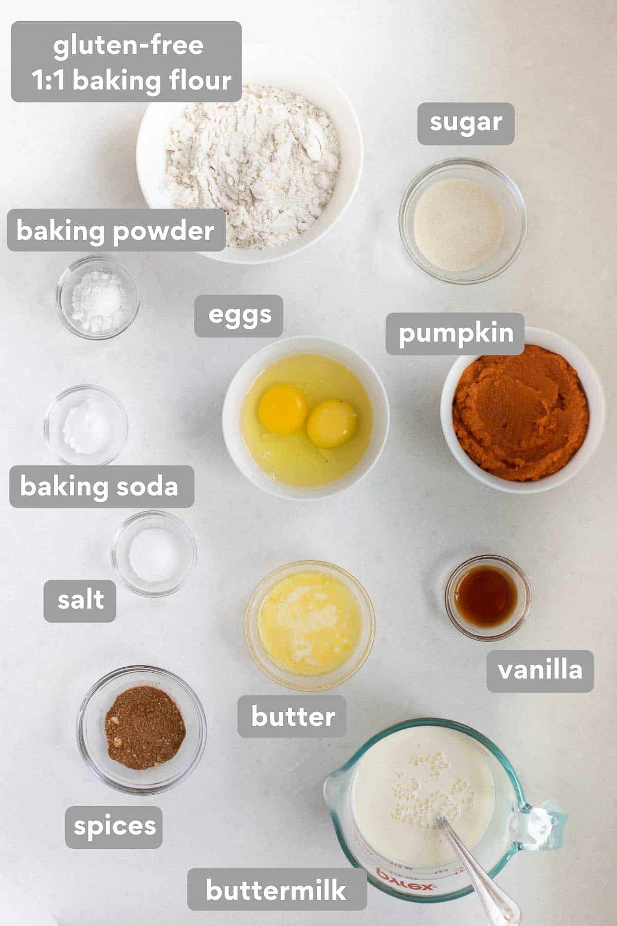 overhead shot of all the ingredients needed to make pumpkin pancakes