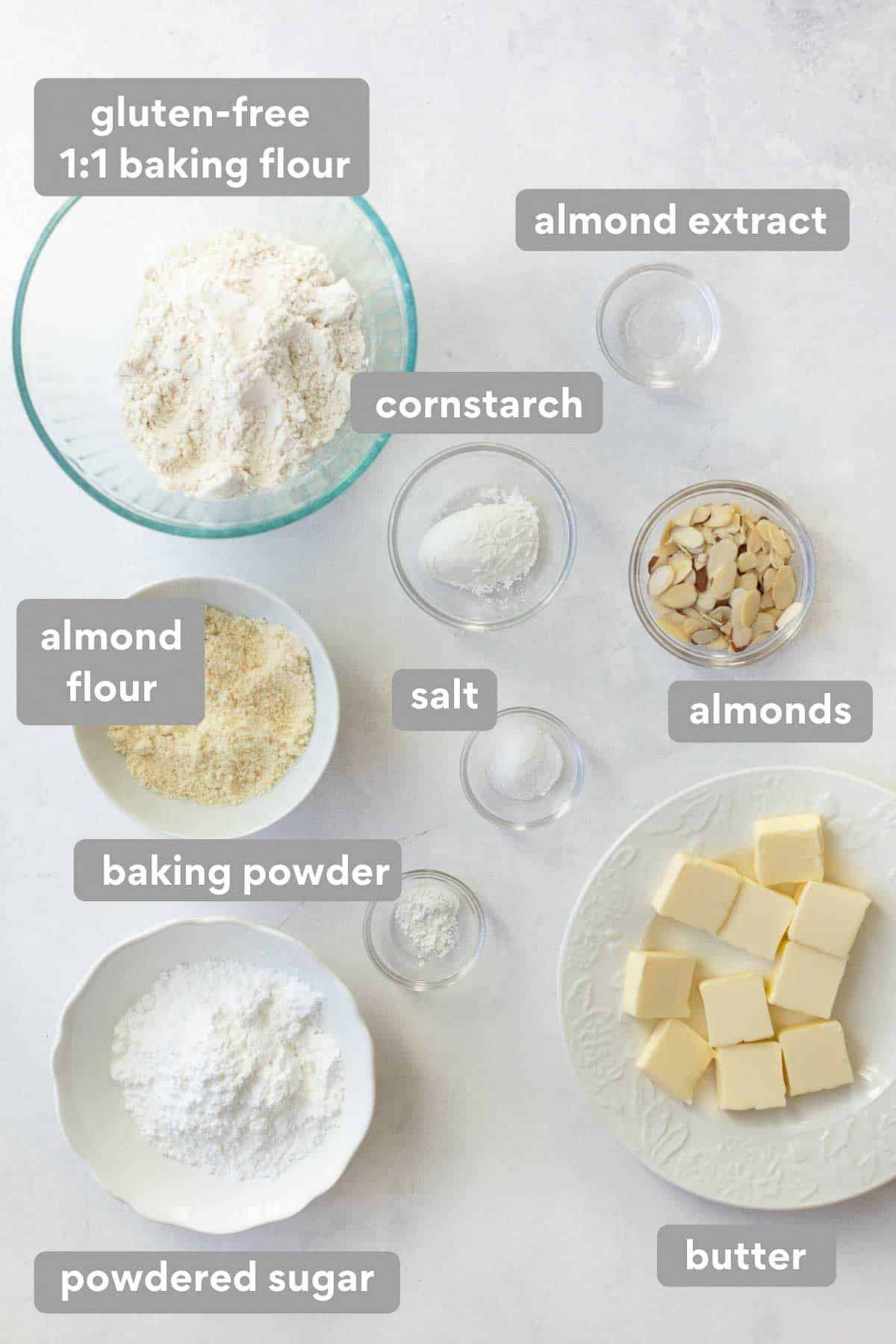 overhead shot of ingredients needed to make gluten free almond cookies