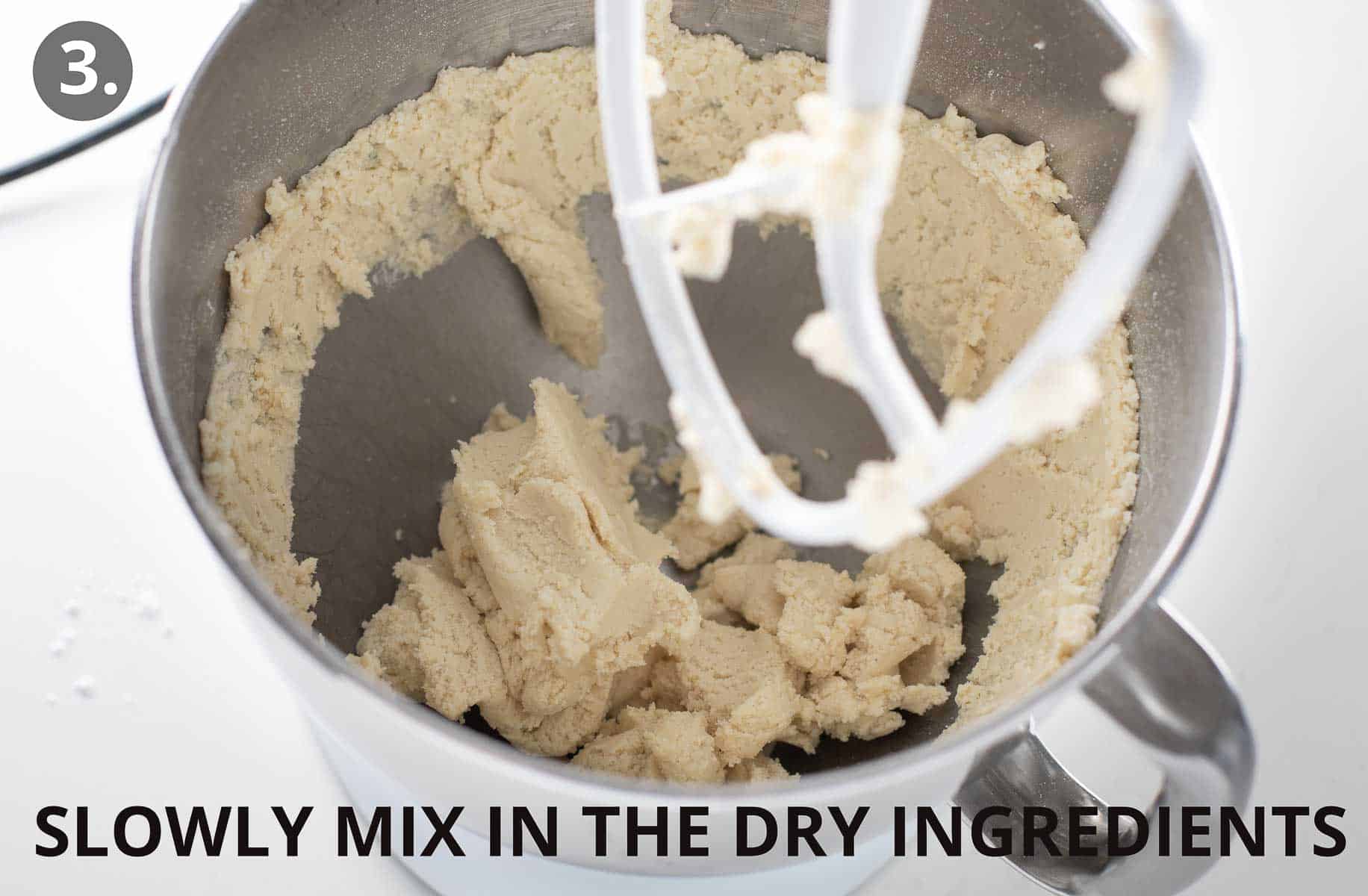 dry ingredients mixed into the dough in stand mixer bowl