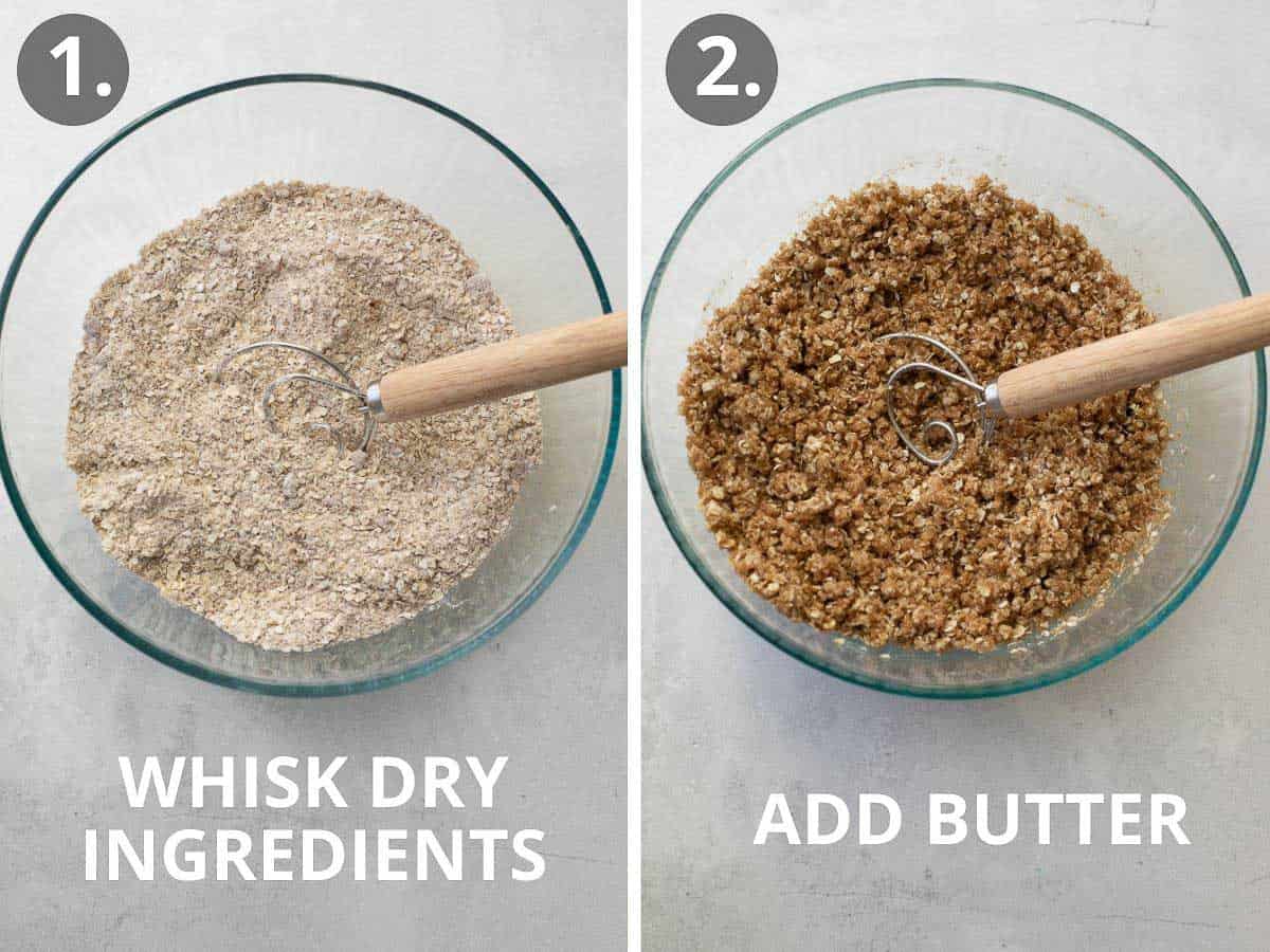 mixing together the dry ingredients in a glass bowl with a wooden whisk