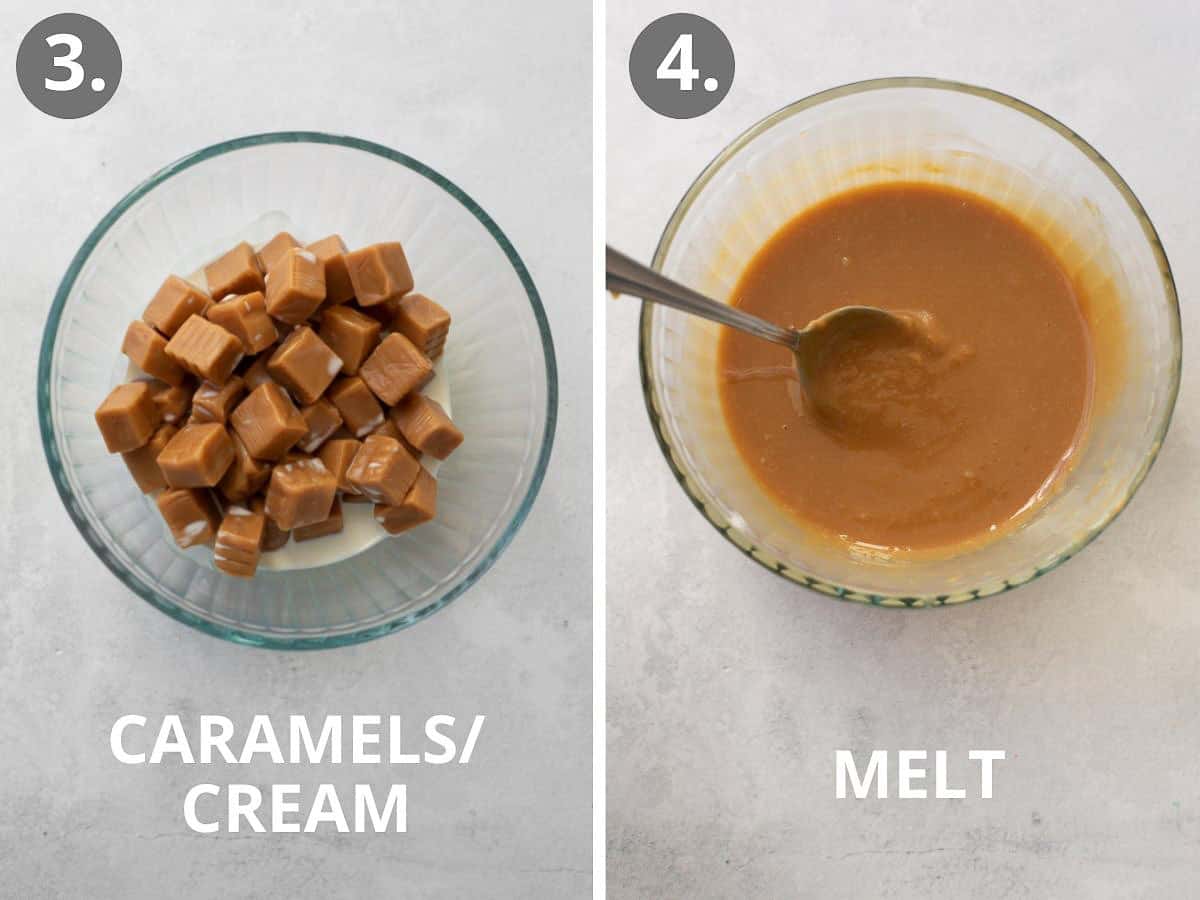 caramels and cream in a glass bowl then the same bowl after melting in the microwave
