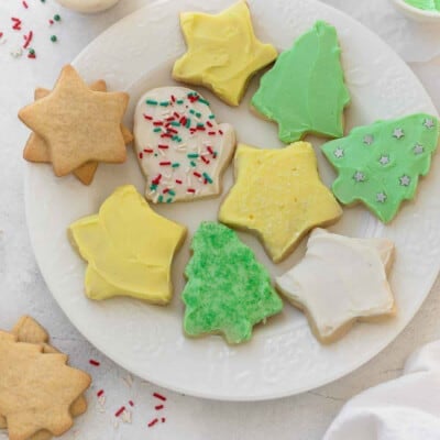overhead shot of gluten free sugar cookies in christmas shapes