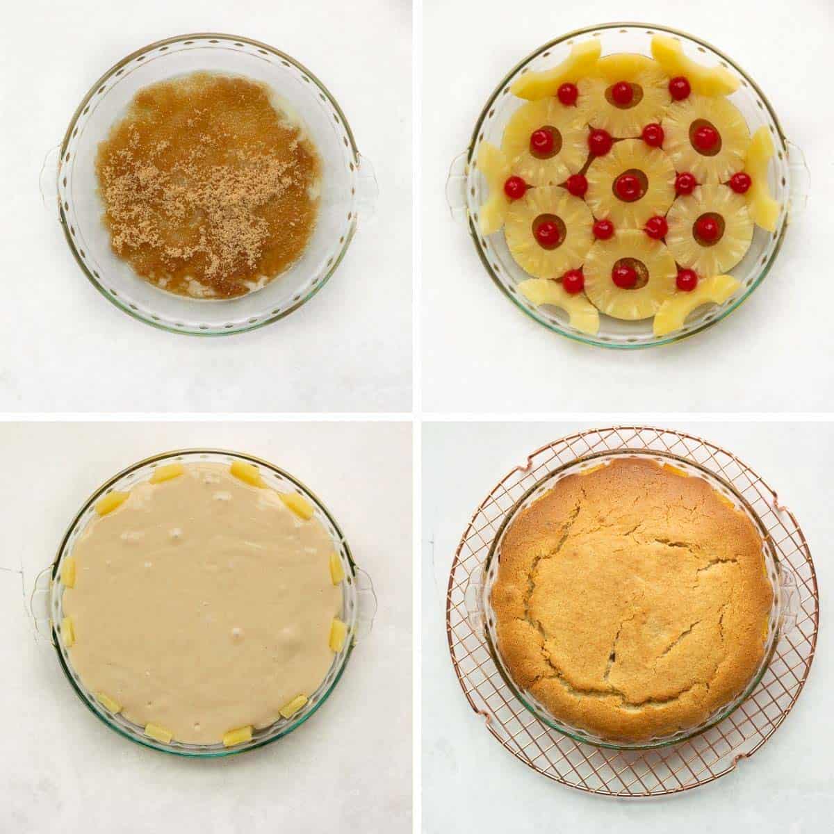 Four photos showing each stage of the upside-down cake, including the first layer of sugar, the batter, the cooked cake, and the flipped cake